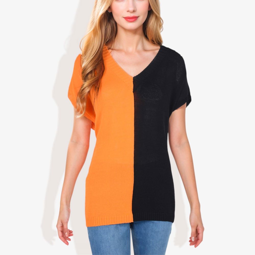 V-Neck Short Sleeve Knit Sweater Top with Color Block Design Casual Loose Fit Pullover