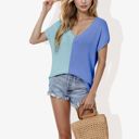 Blue Large V-Neck Short Sleeve Knit Sweater Top with Color Block Design Casual Loose Fit Pullover