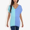 Blue Large V-Neck Short Sleeve Knit Sweater Top with Color Block Design Casual Loose Fit Pullover