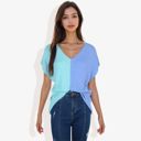 Blue Large V-Neck Short Sleeve Knit Sweater Top with Color Block Design Casual Loose Fit Pullover