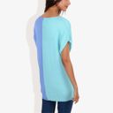 Blue Large V-Neck Short Sleeve Knit Sweater Top with Color Block Design Casual Loose Fit Pullover