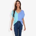 Blue Large V-Neck Short Sleeve Knit Sweater Top with Color Block Design Casual Loose Fit Pullover