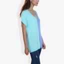 Blue Large V-Neck Short Sleeve Knit Sweater Top with Color Block Design Casual Loose Fit Pullover