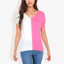 Pink Large V-Neck Short Sleeve Knit Sweater Top with Color Block Design Casual Loose Fit Pullover