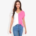 Pink Large V-Neck Short Sleeve Knit Sweater Top with Color Block Design Casual Loose Fit Pullover