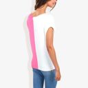 Pink Large V-Neck Short Sleeve Knit Sweater Top with Color Block Design Casual Loose Fit Pullover