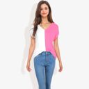 Pink Medium V-Neck Short Sleeve Knit Sweater Top with Color Block Design Casual Loose Fit Pullover