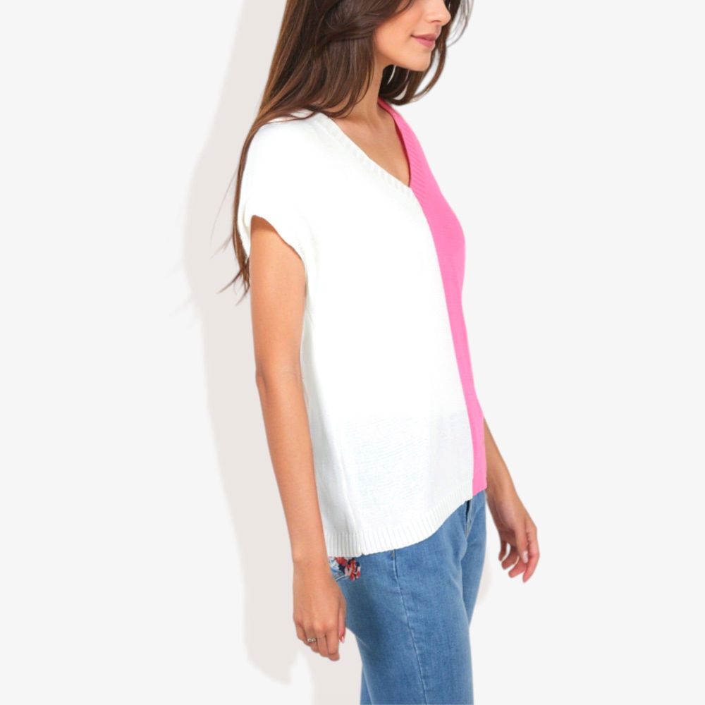 V-Neck Short Sleeve Knit Sweater Top with Color Block Design Casual Loose Fit Pullover