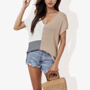 Beige Large V-Neck Short Sleeve Knit Sweater Top with Color Block Design Casual Loose Fit Pullover