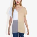 Beige Large V-Neck Short Sleeve Knit Sweater Top with Color Block Design Casual Loose Fit Pullover