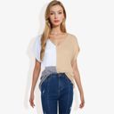 Beige Large V-Neck Short Sleeve Knit Sweater Top with Color Block Design Casual Loose Fit Pullover