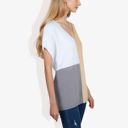 Beige Large V-Neck Short Sleeve Knit Sweater Top with Color Block Design Casual Loose Fit Pullover