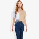 Beige Large V-Neck Short Sleeve Knit Sweater Top with Color Block Design Casual Loose Fit Pullover