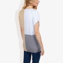 Beige Large V-Neck Short Sleeve Knit Sweater Top with Color Block Design Casual Loose Fit Pullover