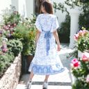 Blue Medium Paisley Lace Trim Tie Back Side Slit Midi Flared Dress