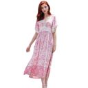 Pink Large Paisley Lace Trim Tie Back Side Slit Midi Flared Dress