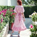 Pink Large Paisley Lace Trim Tie Back Side Slit Midi Flared Dress