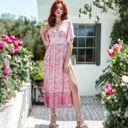 Pink Medium Paisley Lace Trim Tie Back Side Slit Midi Flared Dress