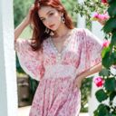 Pink Medium Paisley Lace Trim Tie Back Side Slit Midi Flared Dress