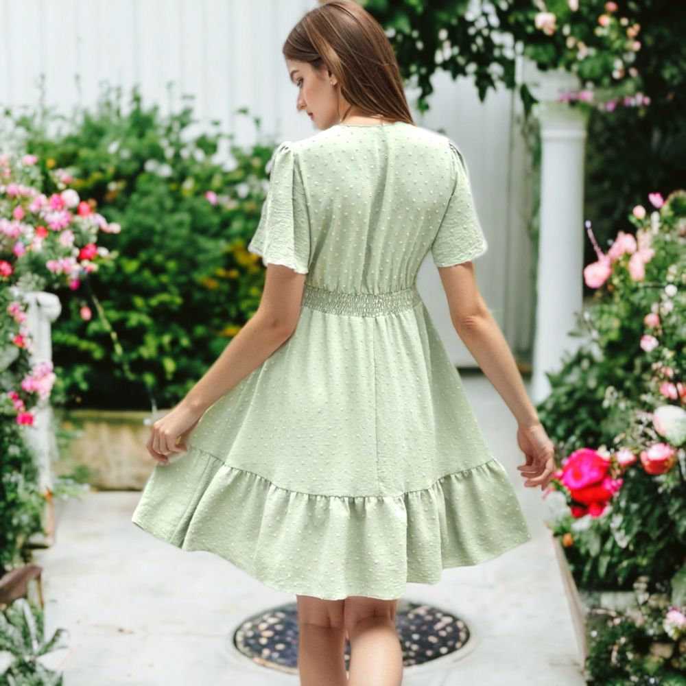 Crochet Detail Clip Dot Textured Ruffle Flared Dress