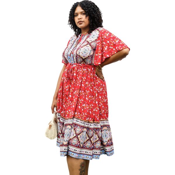 Plus Size Paisley Floral Boho Print Tie Waist Midi Dress