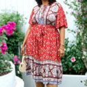  Plus Size Paisley Floral Boho Print Tie Waist Midi Dress