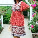  Plus Size Paisley Floral Boho Print Tie Waist Midi Dress