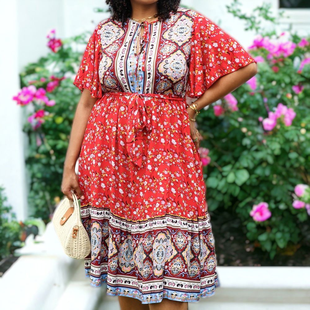 Plus Size Paisley Floral Boho Print Tie Waist Midi Dress