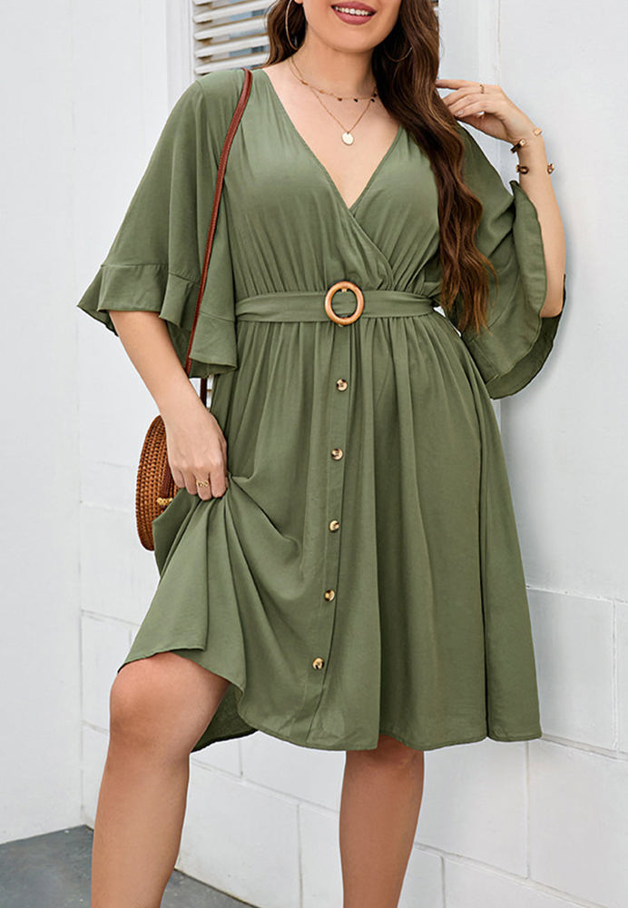 Wrap Dress with Ruffle Sleeves, Button Detail, and Belted Waist