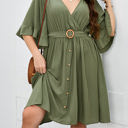 Green 1X Wrap Dress with Ruffle Sleeves, Button Detail, and Belted Waist