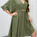 Green 1X Wrap Dress with Ruffle Sleeves, Button Detail, and Belted Waist