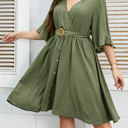 Green 1X Wrap Dress with Ruffle Sleeves, Button Detail, and Belted Waist