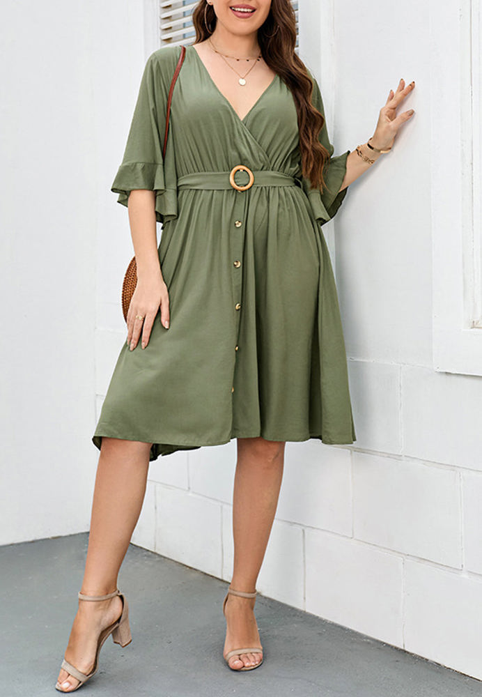 Wrap Dress with Ruffle Sleeves, Button Detail, and Belted Waist