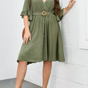 Green 1X Wrap Dress with Ruffle Sleeves, Button Detail, and Belted Waist