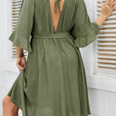 Green 1X Wrap Dress with Ruffle Sleeves, Button Detail, and Belted Waist