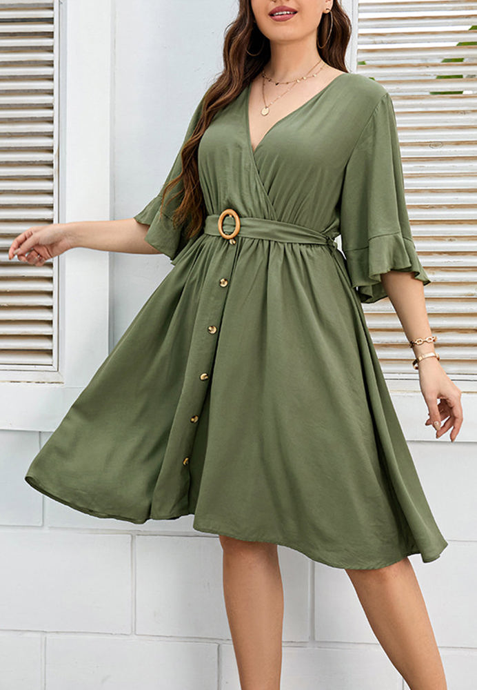 Wrap Dress with Ruffle Sleeves, Button Detail, and Belted Waist