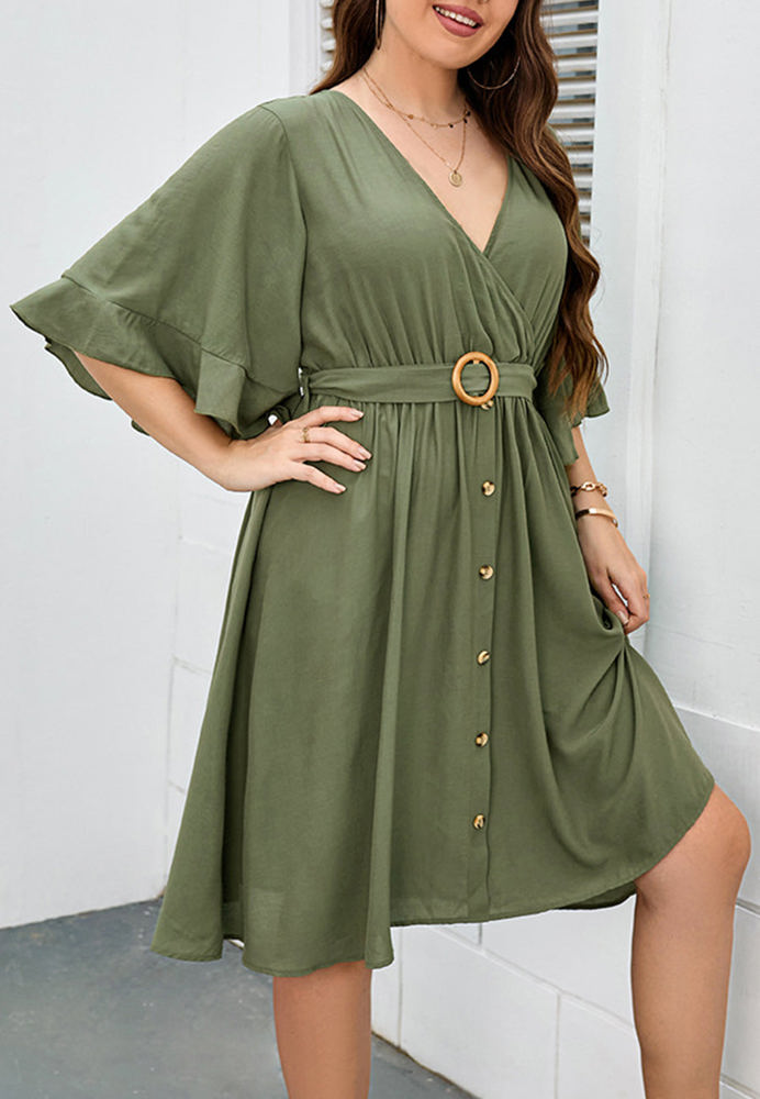 Wrap Dress with Ruffle Sleeves, Button Detail, and Belted Waist