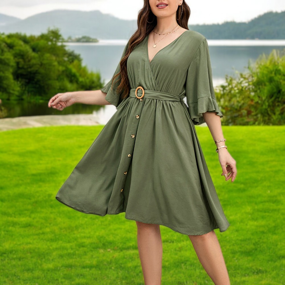 Wrap Dress with Ruffle Sleeves, Button Detail, and Belted Waist