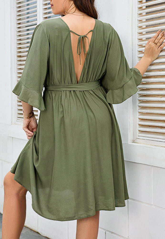 Wrap Dress with Ruffle Sleeves, Button Detail, and Belted Waist