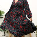 Black 1X Long Sleeve Wrap Dress with Floral and Polka Dot Print and Ruffle Hem