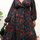 Black 1X Long Sleeve Wrap Dress with Floral and Polka Dot Print and Ruffle Hem