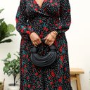 Black 1X Long Sleeve Wrap Dress with Floral and Polka Dot Print and Ruffle Hem