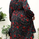 Black 1X Long Sleeve Wrap Dress with Floral and Polka Dot Print and Ruffle Hem