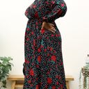 Black 1X Long Sleeve Wrap Dress with Floral and Polka Dot Print and Ruffle Hem