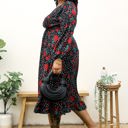 Black 1X Long Sleeve Wrap Dress with Floral and Polka Dot Print and Ruffle Hem