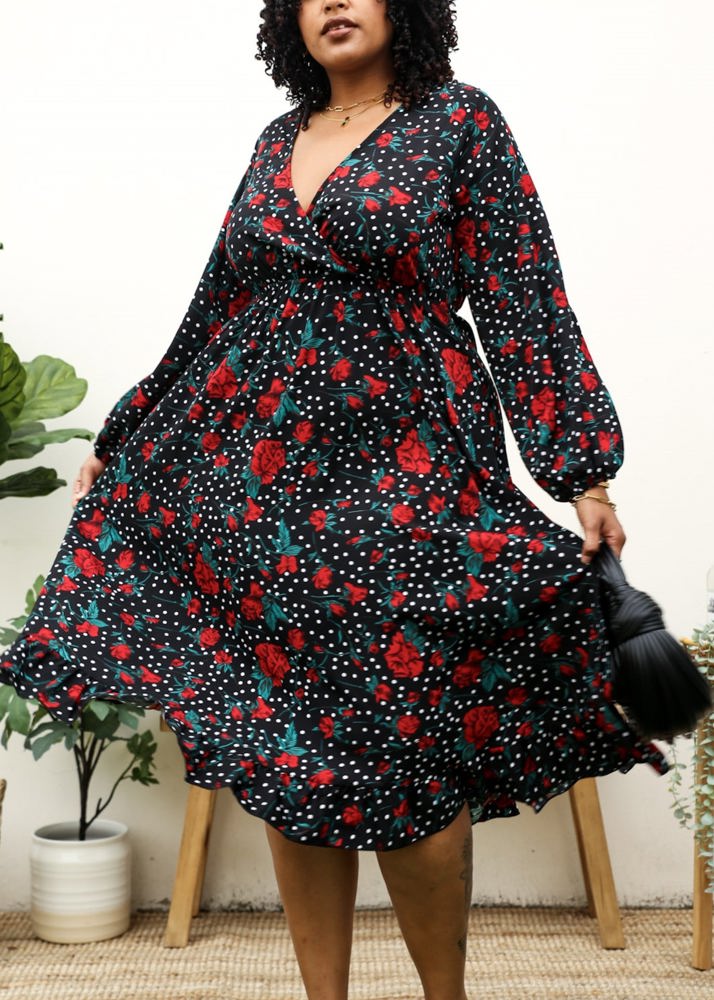 Long Sleeve Wrap Dress with Floral and Polka Dot Print and Ruffle Hem