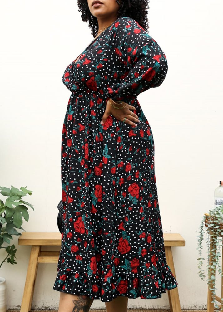 Long Sleeve Wrap Dress with Floral and Polka Dot Print and Ruffle Hem