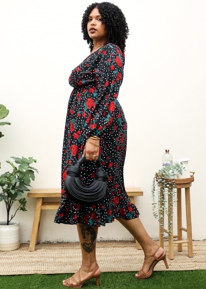 Long Sleeve Wrap Dress with Floral and Polka Dot Print and Ruffle Hem