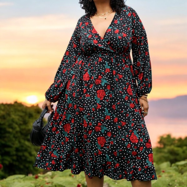 Long Sleeve Wrap Dress with Floral and Polka Dot Print and Ruffle Hem