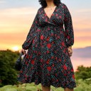  Long Sleeve Wrap Dress with Floral and Polka Dot Print and Ruffle Hem